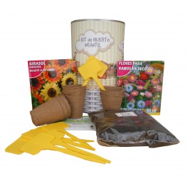 Kit de huerto urbano infantil con semilleros, tierra turba, semillas Flores ramos secos, Girasol y marcaje de semilleros